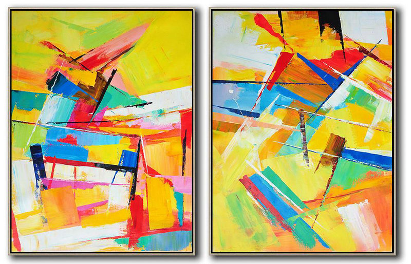 Set Of 2 Contemporary Art On Canvas,Large Paintings For Living Room,Yellow,Orange,Red,Blue